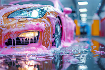 A yellow luxurious car covered in pink soap suds is being washed in an automatic car wash