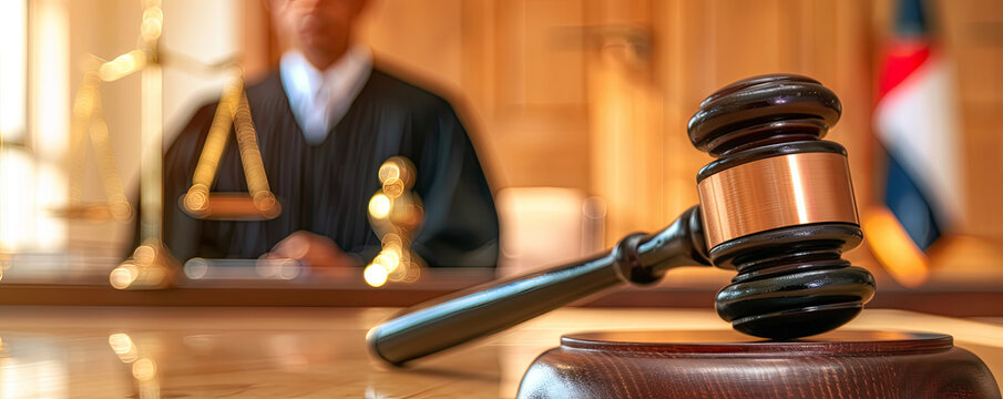 The gavel rests on the judge's bench in the courtroom