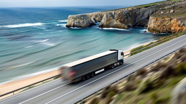 An articulated lorry moving swiftly along a scenic coastal road with the ocean and cliffs blurred in the backdrop to indicate speed