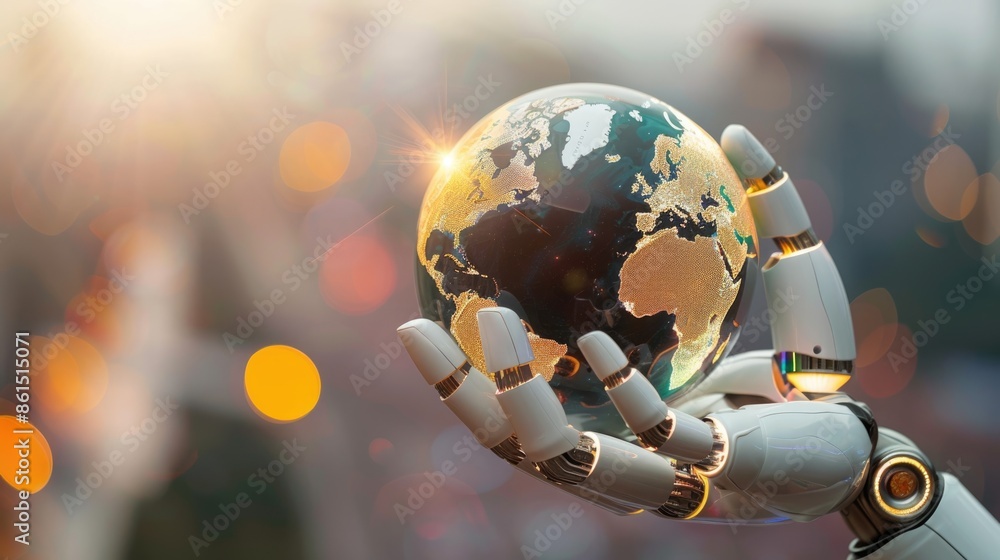 Poster a robotic ai hand gently holding a 3d globe with a soft bokeh background, highlighting advanced tech