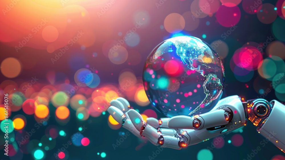 Poster a robotic ai hand presenting a 3d globe with a colorful bokeh background, symbolizing technological 