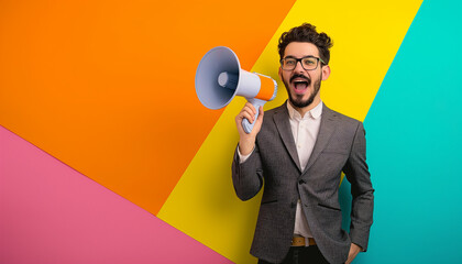 A man in a suit with a megaphone standing against a colorful wall expressing excitement and energy perfect for announcements and marketing