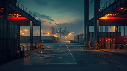 A shipping container terminal at dusk, with the raw photo style emphasizing the rugged textures and industrial atmosphere