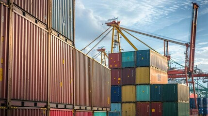 A stack of shipping containers at a port, with cranes and industrial machinery in the background, captured in a raw photo style