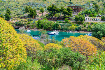 A view from the Castle of Porto Palermo across the bay at Palermo beach close to Sarandra, Albania in summertime