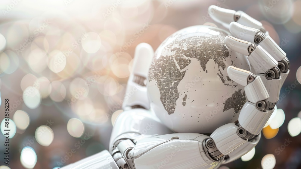 Poster a close-up of a robotic ai hand holding a detailed 3d globe, set against a background of softly lit 