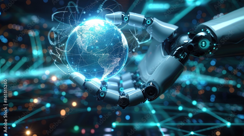 Poster close-up of a robotic ai hand presenting a 3d holographic globe, with a backdrop of advanced technol