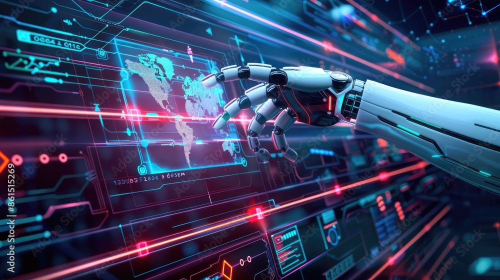Poster a robotic ai hand lifting a 3d hologram of the world, with a futuristic technology background featur