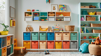Kids' playroom with colorful storage bins and toy organizer
