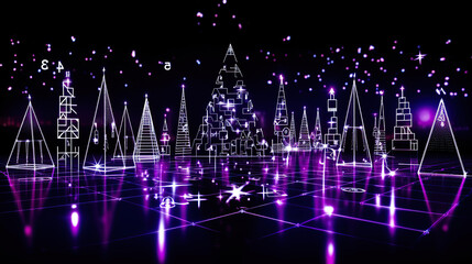Futuristic forest with neon lights and geometric Christmas trees.