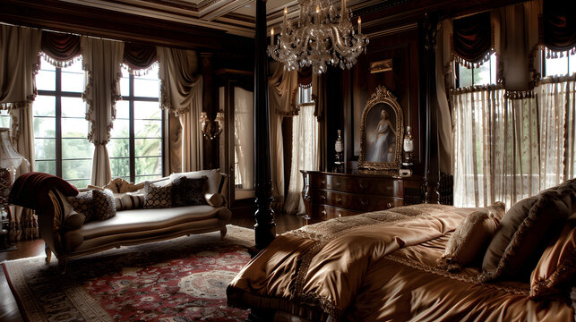 Lavish bedroom with four-poster bed and silk bedding