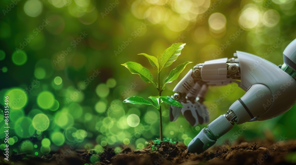 Poster a robotic ai hand planting a tiny sapling, surrounded by a green bokeh background that enhances the 