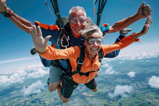 A joyful middle-aged couple enjoying a tandem parachute jump, photographed dynamically to capture their expressions of excitement and unity