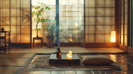 The interior of a Japanese tatami room with elegantly sliding shoji screens, filled with pleasant scents of essential oils and the subtly wafting scent of incense.