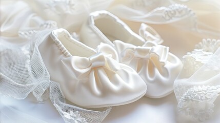A pair of white knitted baby booties with a satin bow sits next to a white knitted blanket on a white background