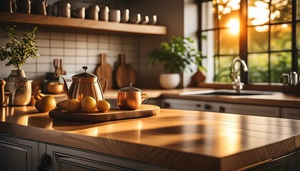cuisine avec un plan de travail central et la lumière de soleil
