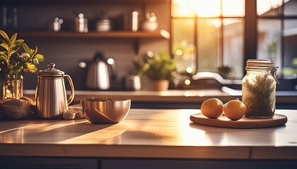 Intérieur cuisine rustique avec plan de travail en bois massif et plantes aromatiques