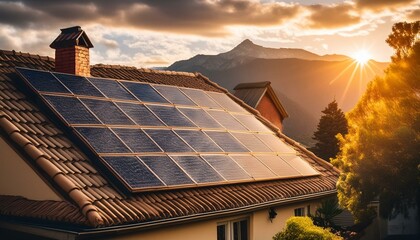 Toit résidentiel équipé de panneaux solaires au coucher du soleil