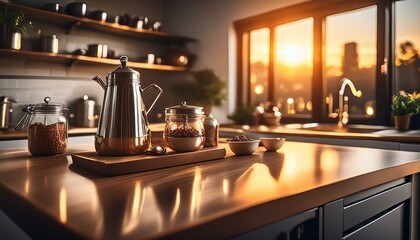 Cuisine ouverte avec un plan de travail et une grande entrée de lumière 