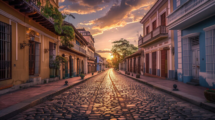 Fototapeta premium The light of the rising sun reflects off the cobblestone streets, and the iconic architecture reveals a peaceful and fascinating scenery.