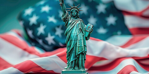 Naklejka premium An image of the Statue of Liberty against the American flag backdrop for Independence Day.