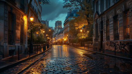 Obraz premium The light of the rising sun reflects off the cobblestone streets, and the iconic architecture reveals a peaceful and fascinating scenery.