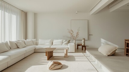 Close-up of a minimalist living room in a white house, with clean lines and abundant natural light creating a serene and spacious atmosphere