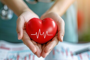 Caring hands embrace a heart with ECG line, focusing on health awareness.