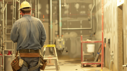 Fototapeta premium Plumbers professionally install pipes and fixtures in the bathrooms of a future large commercial building.