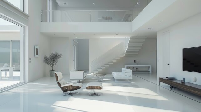 A minimal and clean interior of a modern white house, featuring sleek furniture and architectural simplicity that exudes contemporary elegance