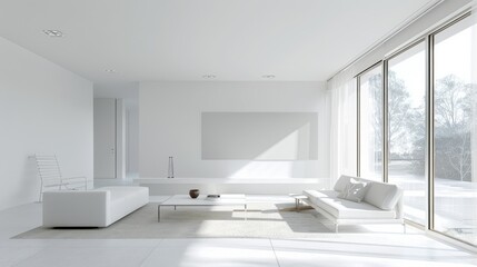 Fototapeta premium A bright and spacious living area in a modern white house, featuring minimalistic furnishings and architectural details that emphasize simplicity and functionality