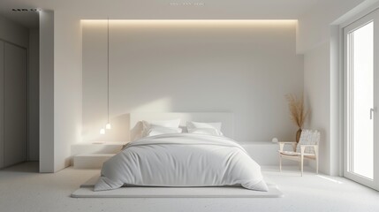 Close-up of a minimalist bedroom interior in a white house, with clean white walls, minimalist furniture, and soft lighting creating a tranquil retreat