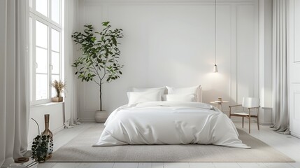 Close-up of a minimalist bedroom interior in a white house, with clean white walls, minimalist furniture, and soft lighting creating a tranquil retreat