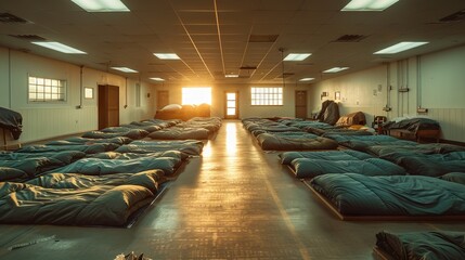 Empty shelter with sleeping bags at sunset