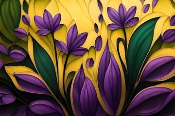 Bold Purple, Yellow, and Dark Green Petals - Abstract Floral Fantasy Background - Generative AI