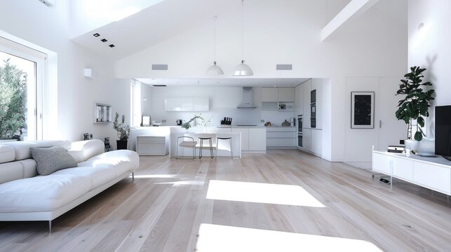 A bright and spacious living area in a modern white house, featuring minimalistic furnishings and architectural details that emphasize simplicity and functionality