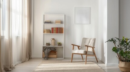 Close-up of a minimalistic reading corner in a white house, with a cozy chair, simple bookshelf, and soft natural light for a peaceful reading environment