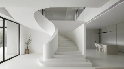 Obraz premium A modern and minimalist staircase in a white house, with clean lines, open space, and natural light enhancing the architectural beauty and simplicity