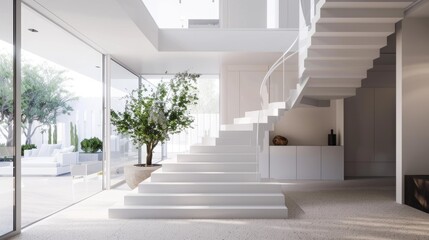 A modern and minimalist staircase in a white house, with clean lines, open space, and natural light enhancing the architectural beauty and simplicity