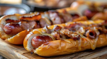 Close-up of delicious grilled hot dogs topped with crispy bacon and melted cheese, served on a wooden board.