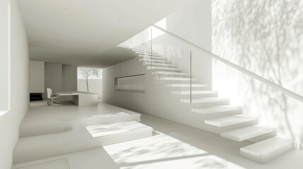 Obraz premium A modern and minimalist staircase in a white house, with clean lines, open space, and natural light enhancing the architectural beauty and simplicity