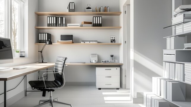 Close-up of a minimalist home office space in a white house, with sleek furniture, organized shelves, and a clutter-free environment ideal for productivity