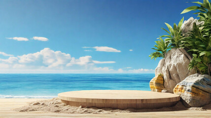 Summer beach pedestal, simple round stand on the sand beach with tropical greenery. Product presentation concept.	