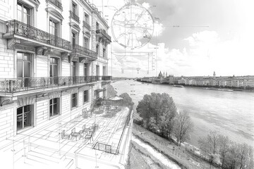 Fototapeta premium Abstract black and white architectural sketch of a government building