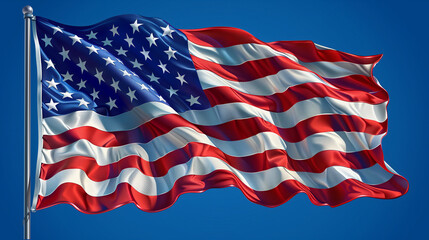 Fototapeta premium Closeup of the American flag waving proudly against the solid blue sky.