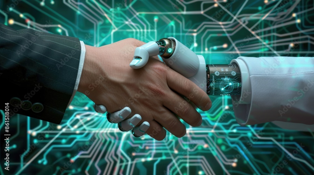Poster a human and a robotic ai hand engaging in a handshake, with a high-tech digital grid and circuit pat