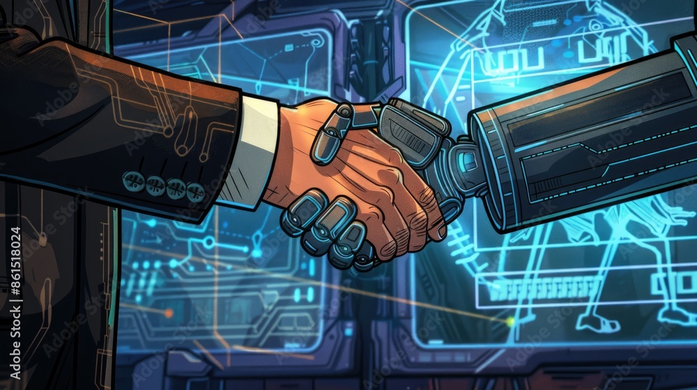 Poster futuristic technology scene featuring a handshake between a human hand and a robotic ai hand, surrou