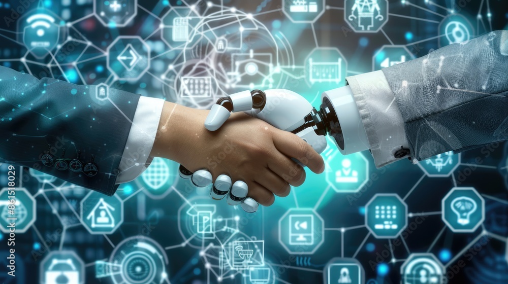 Poster the handshake between a human hand and a robotic ai hand, set against a background of advanced robot