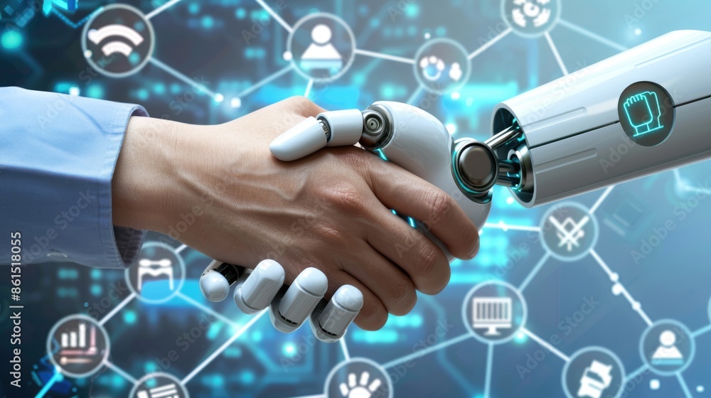 Poster the handshake between a human hand and a robotic ai hand, set against a background of advanced robot