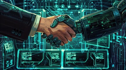 Fototapeta premium Futuristic technology scene featuring a handshake between a human hand and a robotic AI hand, surrounded by holographic screens and virtual reality elements